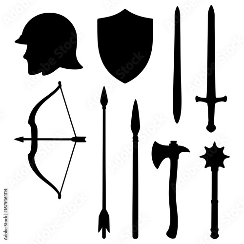 Silhouette illustration of medieval weaponry including a helmet, shield, bow, and various swords