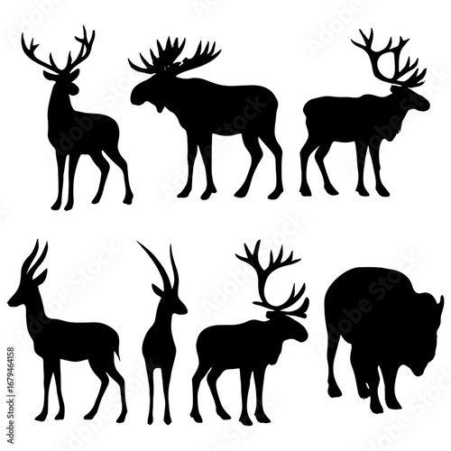 Silhouette illustration featuring a variety of horned animals including deer moose and antelope in black