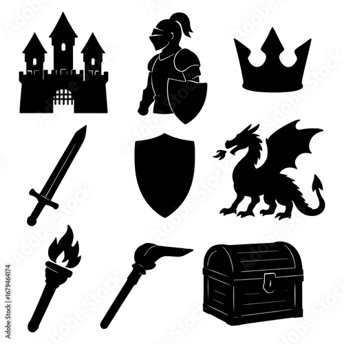 Illustration showing a castle, knight, crown, sword, shield, dragon, torch and treasure chest in black