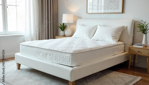 A plush, supportive mattress rests on a clean white platform bed frame, ready for a comfortable night's sleep The crisp white bedding enhances the inviting atmosphere , rest, plush