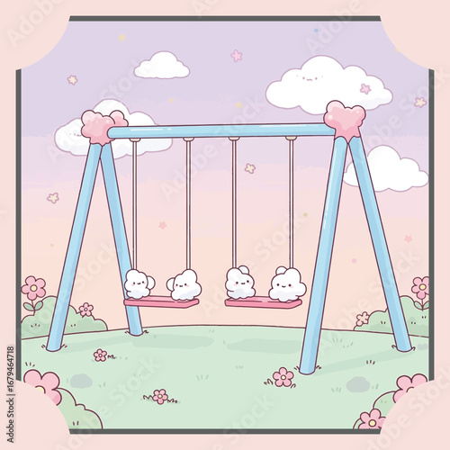 Cute Kawaii Swing Set with Adorable Cloud Characters.