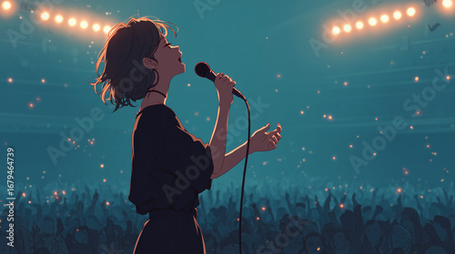 Anime singer performing on stage with crowd and bright spotlights