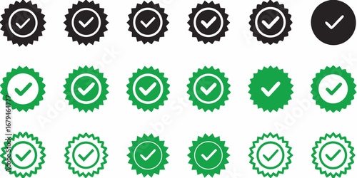 Collection of green and black checkmark badges and icons representing approval and verification