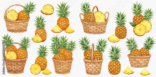 A collection of watercolor illustrations featuring whole and sliced pineapples in wicker baskets.