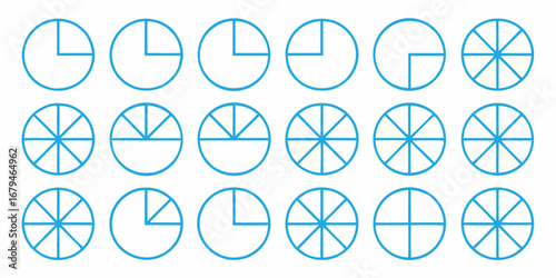 Collection of blue outline circles divided into various fractions and segments representing mathematical concepts