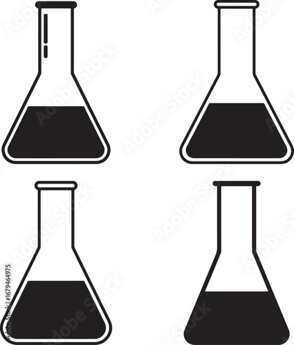 Four black chemical laboratory flasks with liquid silhouette isolated on white background