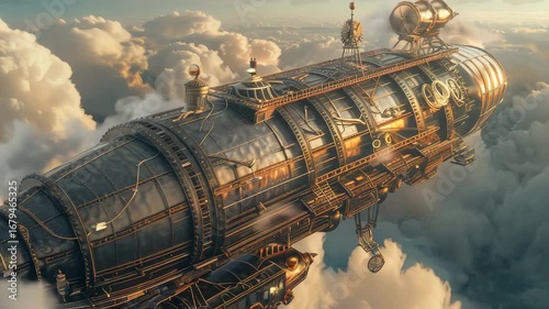 Steampunk Airship Adventure. Huge steampunk airship flying above clouds with sunbeams with rotating gears and propellers, cinematic fantasy.