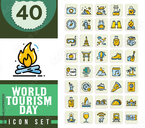 World tourism day icon set collection with campfire