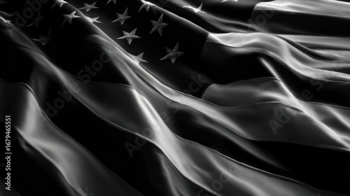Black and White Close-up of a Waving American Flag with Detailed Fabric Texture stars and stripes