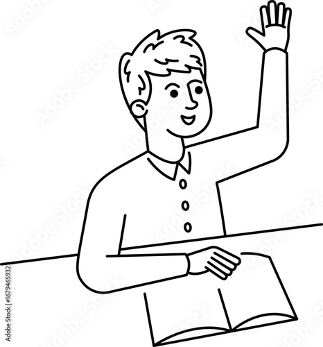 Boy student answering black-and-white character