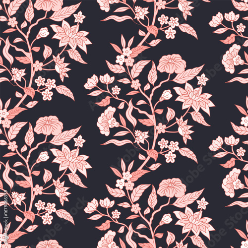 Seamless pattern with monochrome pastel pink chinoiserie hand drawn motifs on black background