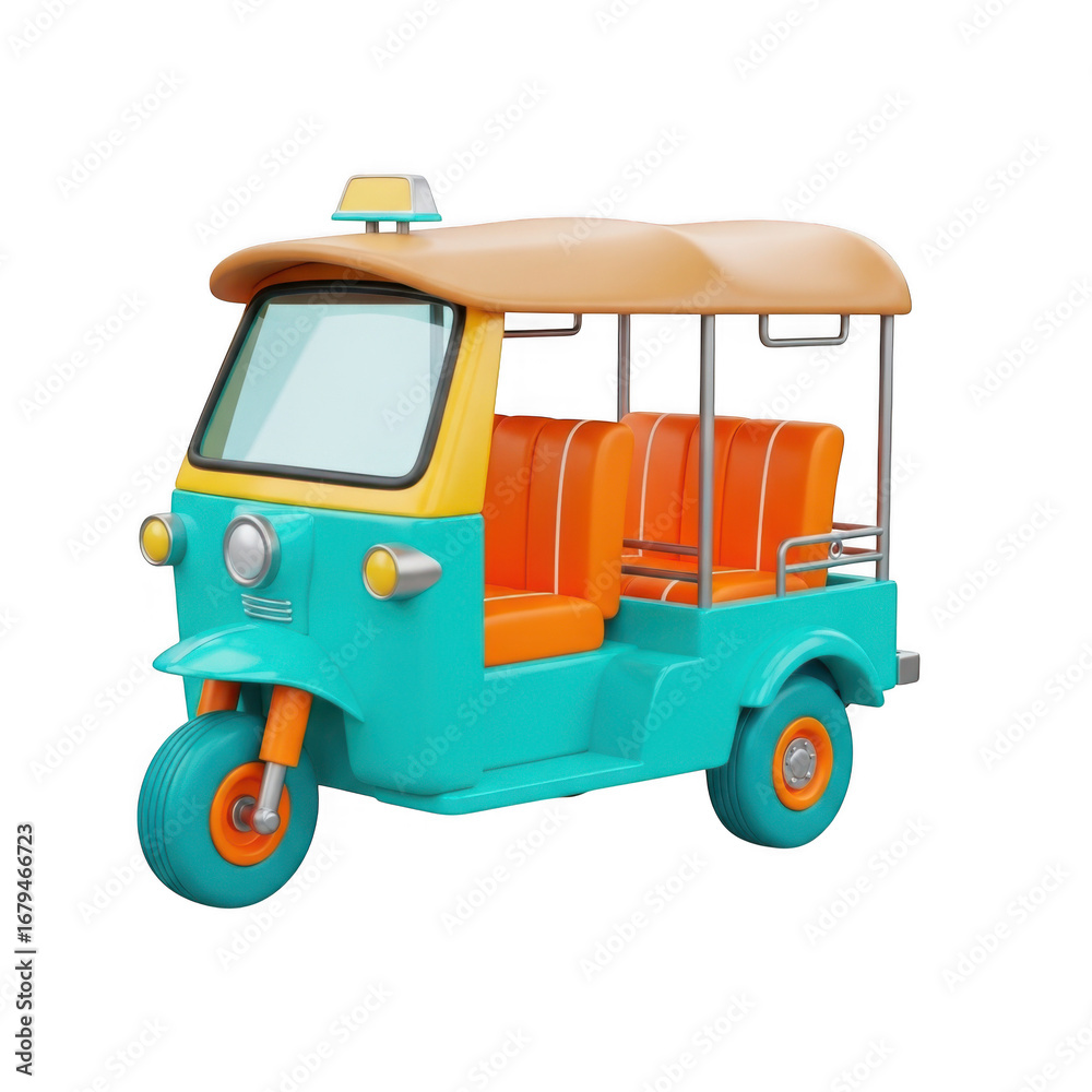 Fototapeta premium Vibrant turquoise and yellow auto rickshaw with orange seating captures asian transportation charm transparent background