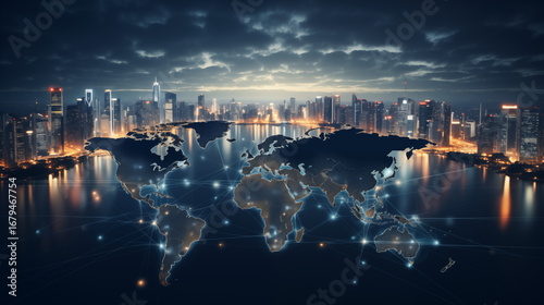 a world map graphic with city skyline on the background, professional business infographic, globalization, network 