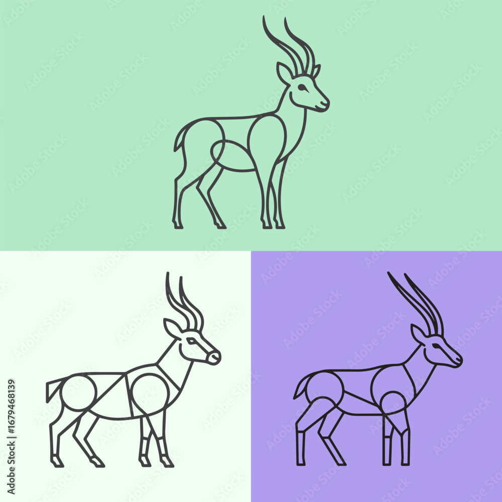 Naklejka premium Geometric gazelle outlines, 3 versions on pastel backgrounds