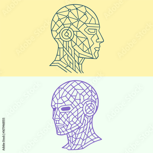 Two line-art cyborg heads