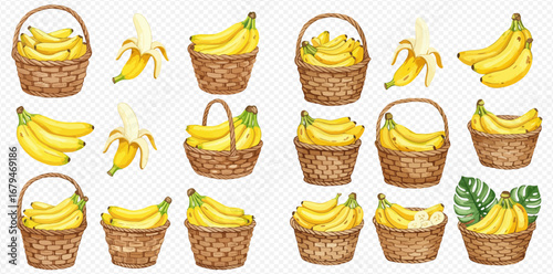 A collection of watercolor illustrations of ripe yellow bananas, shown in bunches, peeled, and inside various wicker baskets.