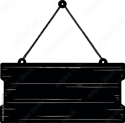 Vector art of black wooden sign hanging from rope