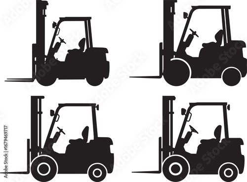 Four distinct forklift silhouettes isolated on white background