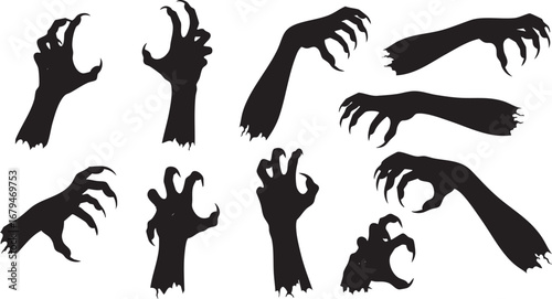 A collection of silhouetted monster hands reaching out with sharp claws