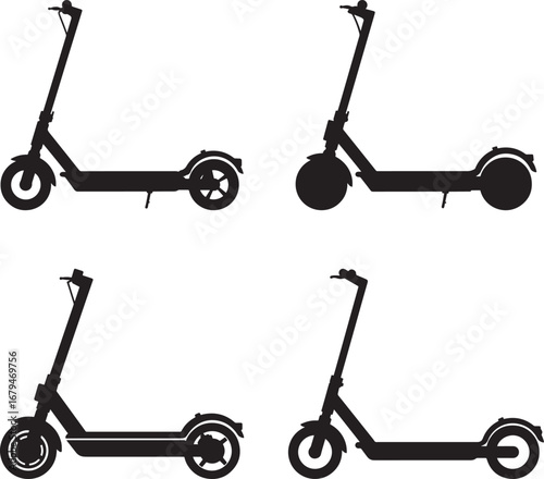 Four black electric scooter silhouettes isolated on white background