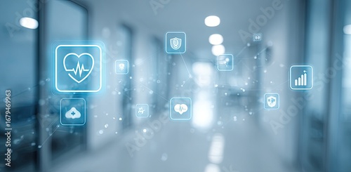 Abstract medical technology concept.  Overlay of glowing health icons on a blurred hospital corridor background