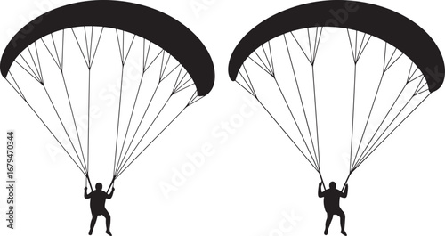 Two skydivers with open parachutes descending in silhouette isolated on white background