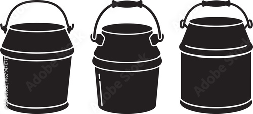 Three vintage milk cans in silhouette isolated on white background