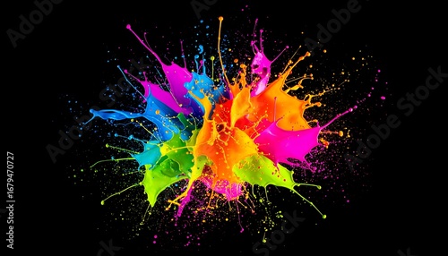 Vibrant explosion of multicolored paint splashes on a black background