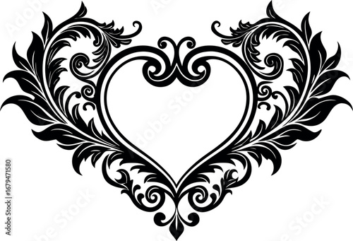 Vector art of heart shaped ornate flourish with swirling leaves and floral elements