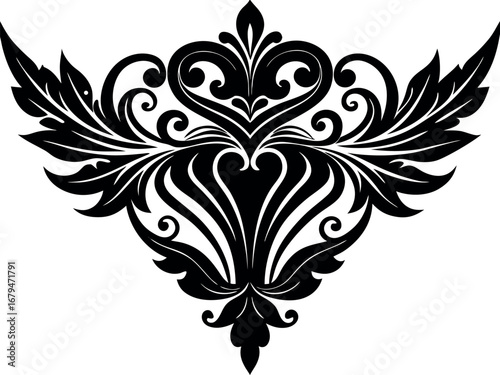 Vector art of intricate black baroque flourish with wings
