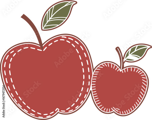 Vector art of two red apples with stitched outline and leaves