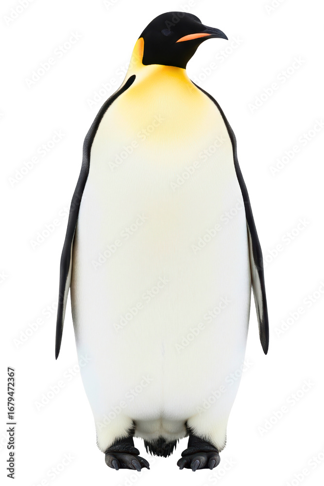 Obraz premium Full body portrait of an emperor penguin standing upright isolated on a transparent background