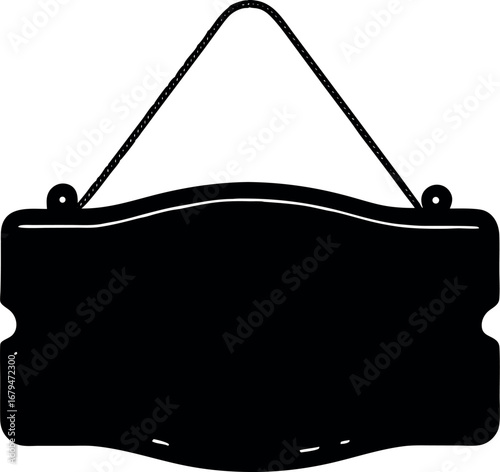 Vector art of black silhouette of a hanging sign with a curved top and bottom edge