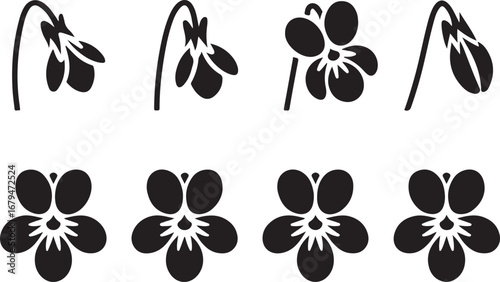 Elegant Floral Icons Set Featuring Snowdrops and Violets on Transparent Background
