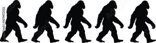 Bigfoot silhouette vector illustration set of walking sasquatch shadows in black, cryptid monster design for mystery, folklore, and legends