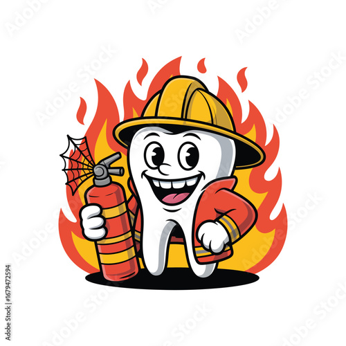 Cartoon tooth firefighter with fire extinguisher and flames