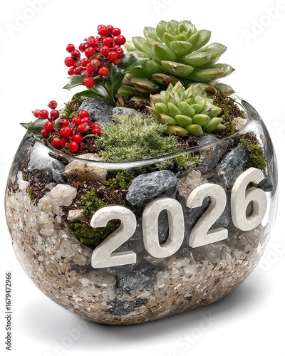 glassy 2026 with Christmas elements inside, isolated on white background, minimalism