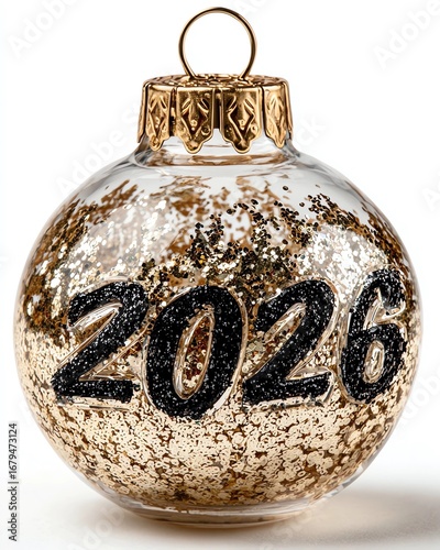 Gold Christmas tree ball with the inscription 2026 isolated on white background