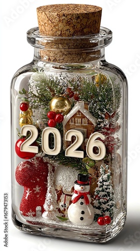 glassy 2026 with Christmas elements inside, isolated on white background, minimalism