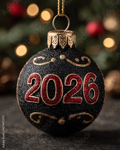 magine black Christmas Bauble with Sparkling 2026. Glamorous Holiday Ornament in Black and Gold. New Year 2026 Festive Black Ball. Luxurious Black Xmas Ornament on Tree