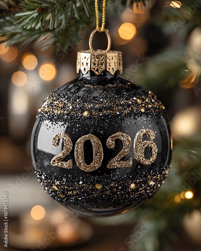 magine black Christmas Bauble with Sparkling 2026. Glamorous Holiday Ornament in Black and Gold. New Year 2026 Festive Black Ball. Luxurious Black Xmas Ornament on Tree