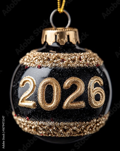 magine black Christmas Bauble with Sparkling 2026. Glamorous Holiday Ornament in Black and Gold. New Year 2026 Festive Black Ball. Luxurious Black Xmas Ornament on Tree