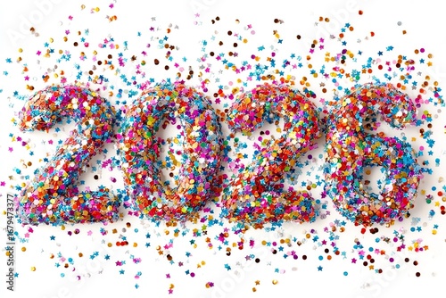 photo of 2026 made of confetti; starting to explode, white background, isolated