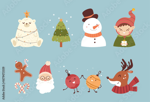Doodle christmas funny elements. Santa, snowman, cute elf and polar bear with star. Xmas tree decorations, gingerbread and deer in scarf, vector set