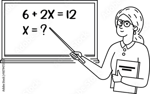 Schoolteacher at blackboard black-and-white vector illustration