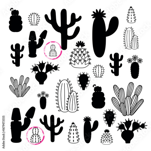 Find pair for cactus. Children's educational developmental game for attention, finding matches. Black silhouettes of cacti, simple vector template