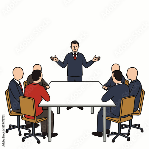 A team of professionals convenes around a conference table, attentively listening to a dynamic leader presenting important information during a corporate meeting.