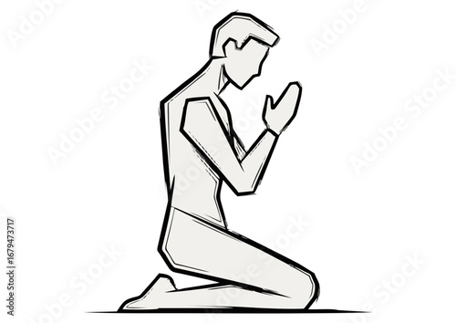 Person sitting thoughtfully on chair in minimalist style on white background with copy space