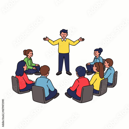 An engaging illustration depicts a diverse group of individuals actively participating in a collaborative discussion or workshop, led by a standing speaker.