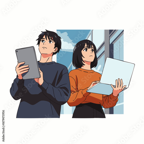 Two young professionals, one with a tablet and another with a laptop, thoughtfully gaze upwards, embodying modern digital collaboration and future-focused innovation.